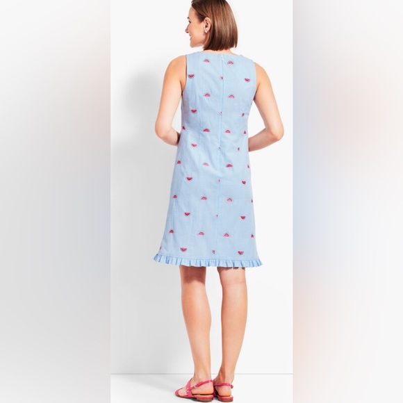 Watermelon embroidered print seersucker shift dress ruffle bottom - Picture 4 of 4